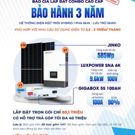 Báo giá Hệ thống Điện mặt trời Hybrid 6kW lưu trữ 5kWh có Bảo hành 3 năm Chính hãng 25 Báo giá hệ thống Điện mặt trời 1 pha 6kW lưu trữ 5kWh tại Quỳnh An Solar