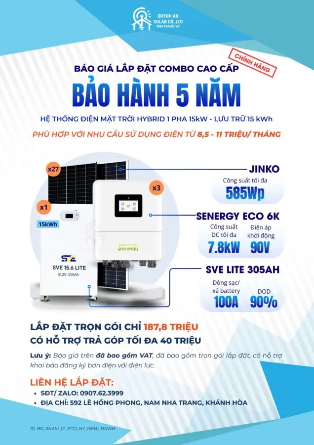 Báo giá trọn gói Hệ thống Điện mặt trời Hybrid 15kW lưu trữ 15kWh - Bảo hành 5 năm Chính hãng 12 Chi tiết Báo giá Hybrid 1 pha 15kW lưu 15kWh Bảo hành 5 năm Chính hãng